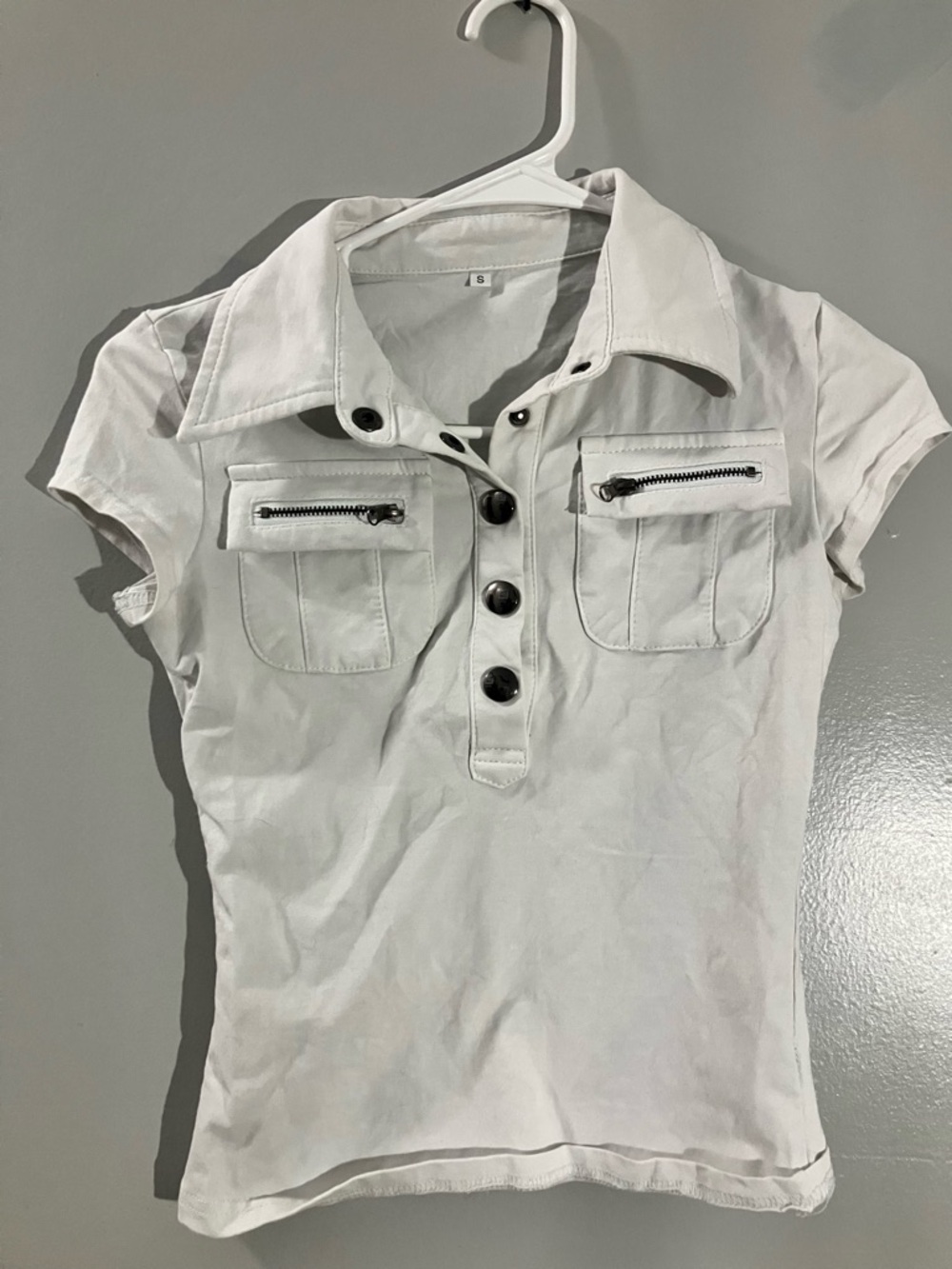 White Short Sleeve Button Polo Top with Zip Pockets